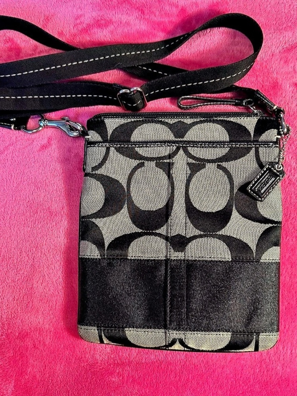 Vintage Y2K Coach Signature Stripe Crossbody Bag - Black & Grey